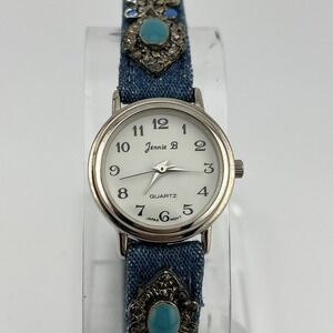 Jennie B Watch Women 24mm Case Denim Leather Silver Tuquoise Band- New Battery